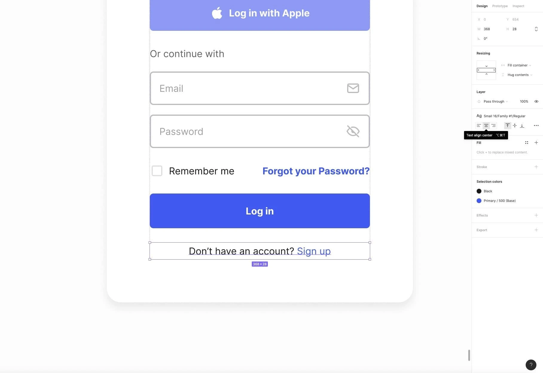 An example of Text Alignment being used on a text element in Figma