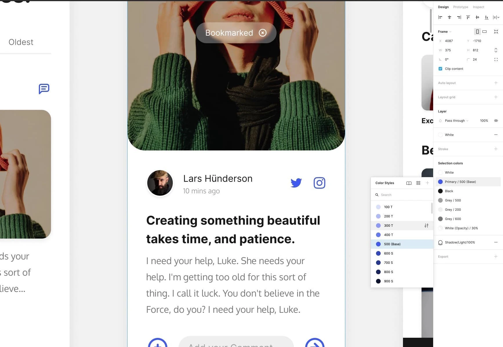 An example of Selection Colors being used on Mobile App design in Figma