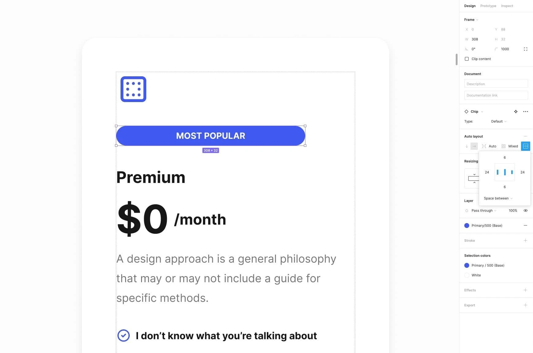 An example of the Auto Layout spacing options being used on a design in Figma